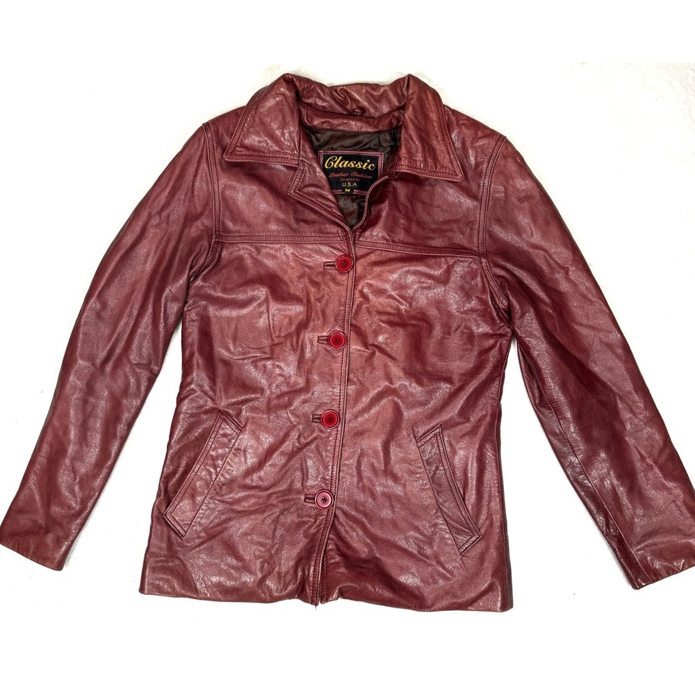 Vintage Classics Genuine Leather Jacket Womens Medium Maroon Lined Button Front